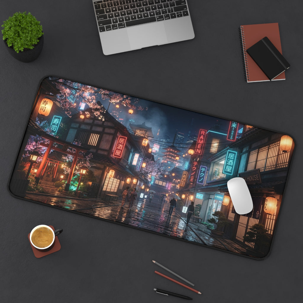 Rainy Night Japanese Cityscape Desk Mat gaming pad
