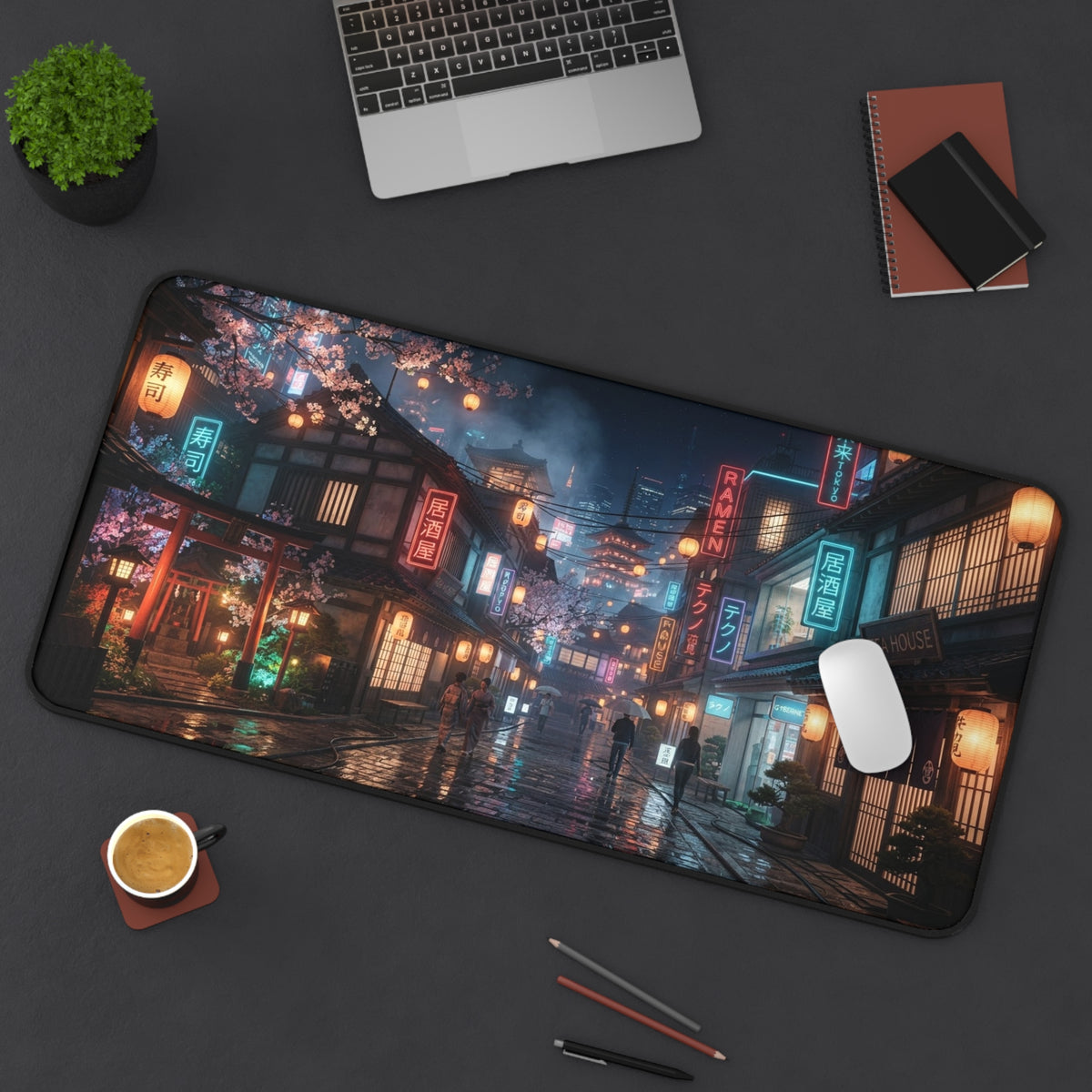 Rainy Night Japanese Cityscape Desk Mat gaming pad