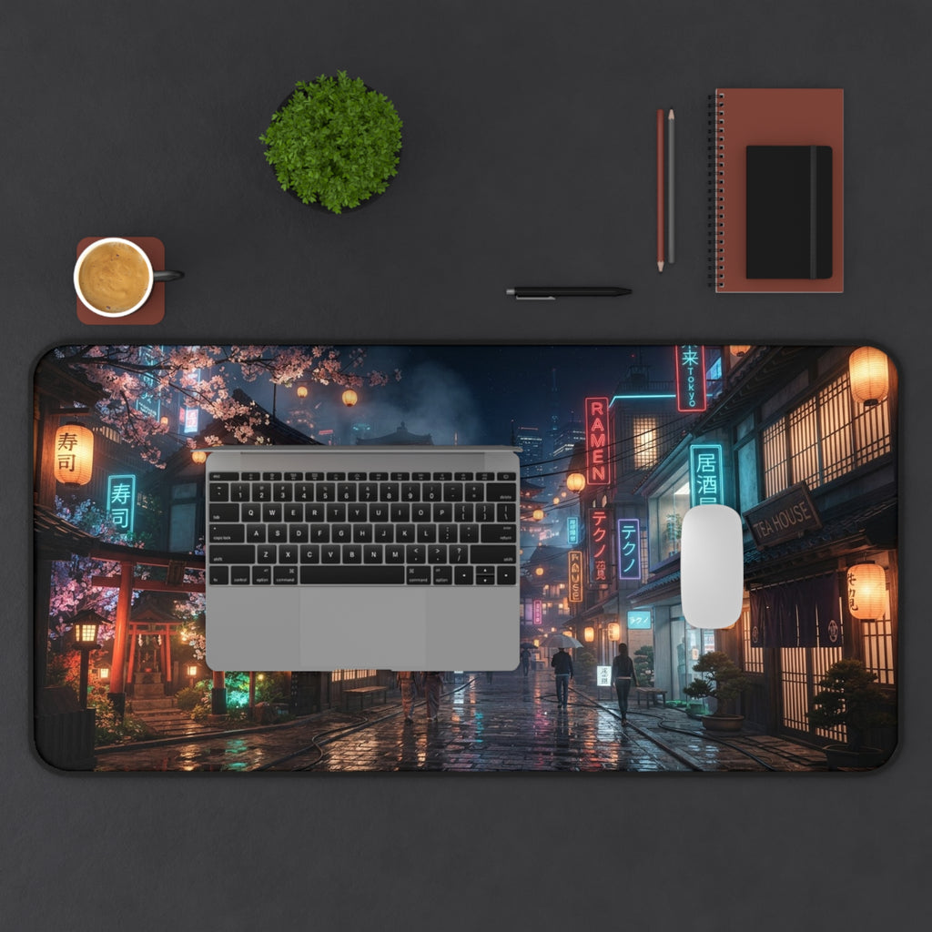 Rainy Night Japanese Cityscape Desk Mat gaming pad